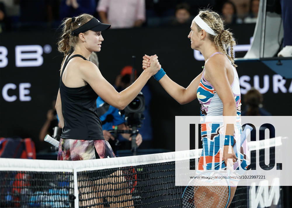 R L Victoria Azarenka congratulates the winner Elena Rybakina KAZ Australian Open 2023, Melbourne Park, Melbourne, Victoria, Australia