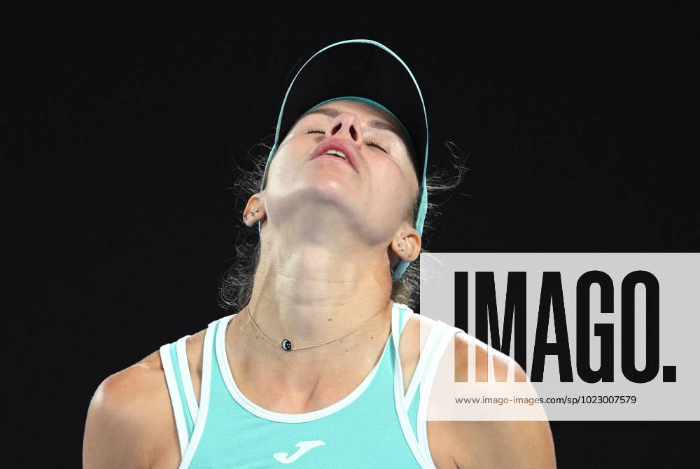 TENNIS AUSTRALIAN OPEN, Magda Linette of Poland reacts during her semi final match against Aryna Sabalenka of Belarus at the 2023 Australian Open tennis championship at Melbourne Park in Melbourne, Thursday, January 26, 2023. ( NO ARCHIVING, , NO USE IN BOOKS WITHOUT CONSENT MELBOURNE VICTORIA AUSTRALIA