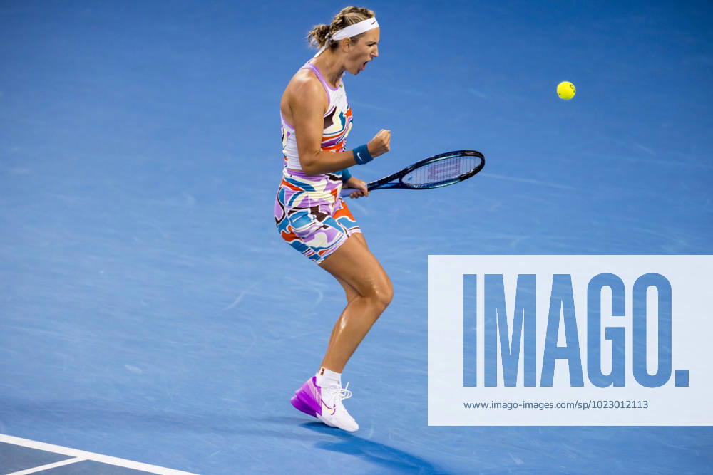 MELBOURNE, VIC - JANUARY 26: Victoria Azarenka of Belarus celebrates during the Semifinals of the 2023 Australian Open on January 26 2023, at Melbourne Park in Melbourne, Australia. (Photo by Jason Heidrich Icon Sportswire) TENNIS: JAN 26 Australian Open Icon230126062