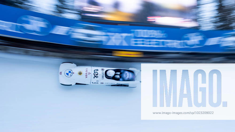 Jekabs Kalenda, Davis Springis Latvia , CH, BMW IBSF Two-man Bobsleigh World Championship, Olympic Bob Run Sankt Moritz, race men, 1 and 2 runs, 28 01 2023, season 2022 2023 CH, BMW IBSF Two-man Bobsleigh World Championship, Olympic Bob Run Sankt Moritz, race men, 1 and 2 runs, 28 01 2023, season 2022 2023 St Moritz