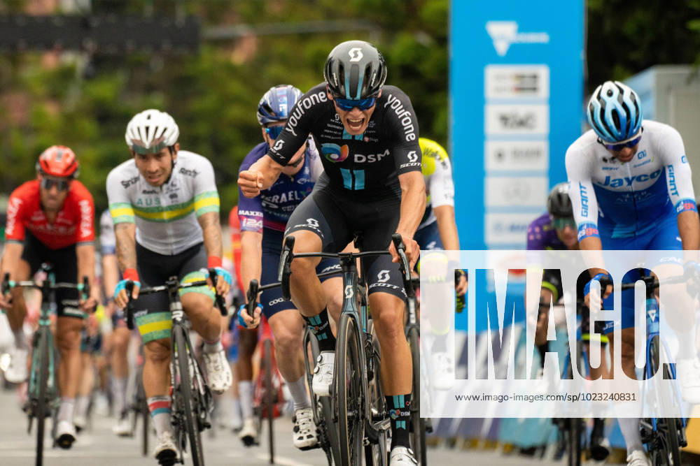 Bilder des Jahres 2023, Sport 01 Januar CADEL EVANS GREAT OCEAN ROAD RACE, Marius Mayrhofer of Germany celebrates as he crosses the finish line as race winner of the UCI WorldTour Elite Men?s Road Race, as part of the Cadel Evans Great Ocean Road Race, in Geelong, Sunday, January 29, 2023. ( NO ARCHIVING, , NO USE IN BOOKS WITHOUT CONSENT GEELONG VICTORIA AUSTRALIA