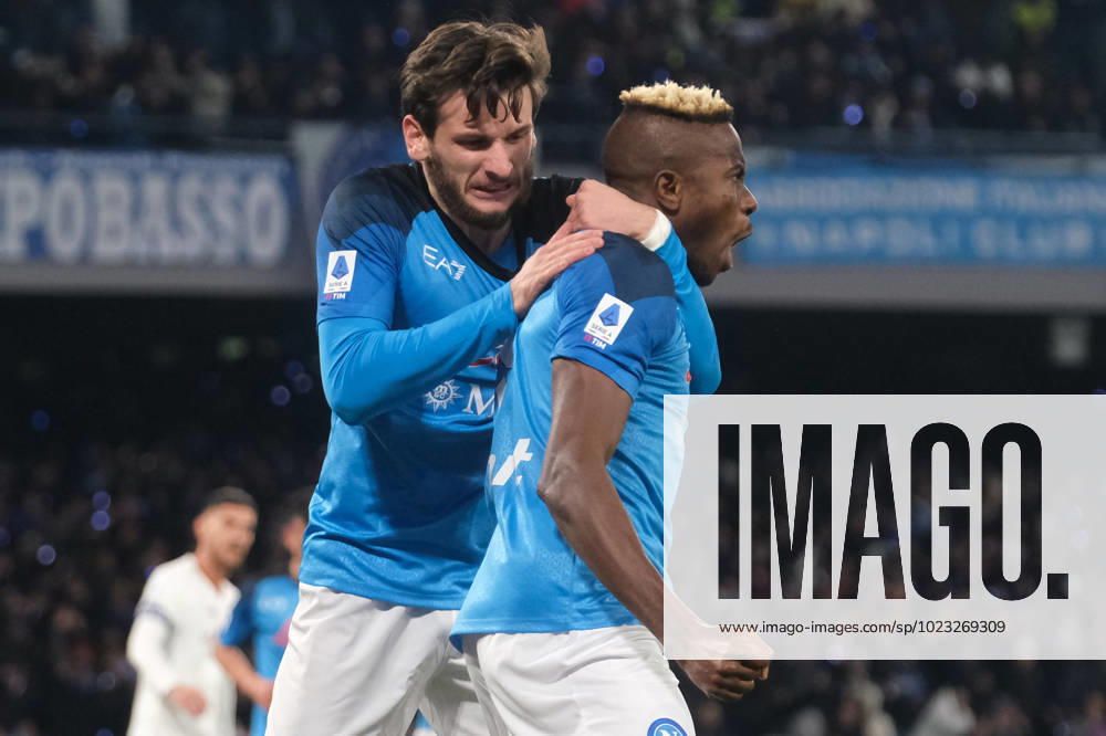 Italy: Serie a football match SSC Napoli vs AS Roma SSC Napoli s Nigerian striker Victor Osimhen celebrates after scoring a goal during the Serie A football match between SSC Napoli and AS Roma at the Diego Armando Maradona Stadium in Naples, southern Italy, on October 15, 2022. ABPH1862