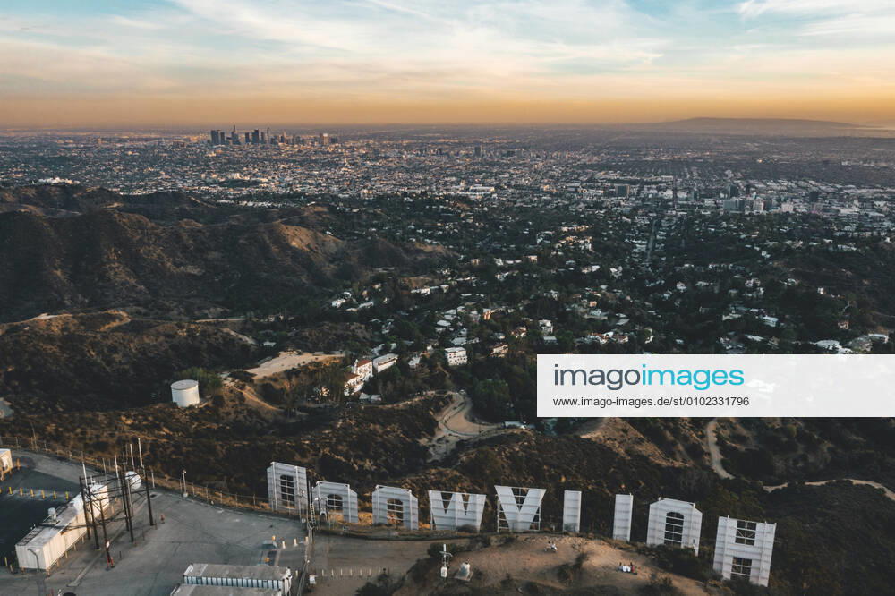 Circa November 2019: Spectacular view over Hollywood Sign looking over Los Angeles, California in Sunset light United States, California, Los Angeles CR_TWNGSV200702A-437634-01