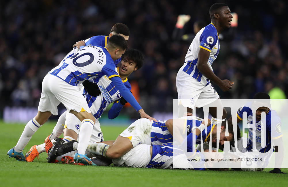 Brighton and Hove, England, 4th February 2023. Kaoru Mitoma of Brighton and Hove Albion celebrates with team mates after scoring to make it 1-0 during the Premier League match at the AMEX Stadium, Brighton and Hove. Picture credit should read: Paul Terry Sportimage SPI-2206-0030 .