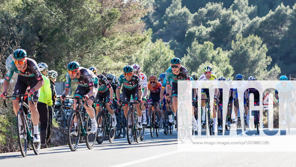 Volta a la Comunitat Valenciana 2023 stage 5, Spain, 05 02 2023 Team BORA hansgrohe riders Bob JUNGELS, Nico DENZ, Anton PALZER hidden , Cesare BENEDETTI and Matteo FABBRO in the peloton on 05 02 2023 on the fifth stage of the Volta CV from PATERNA to VALENCIA Spain