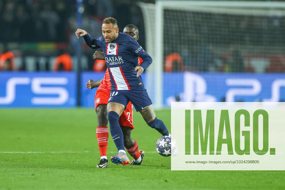Football, 2022 2023 season, Champions League, Round of 16, Paris SG FC Bayern Munich, v l Neymar Paris SG , Dayot Upamecano FC Bayern Munich Paris Parc des Princes France xRHR PHOTO TRx