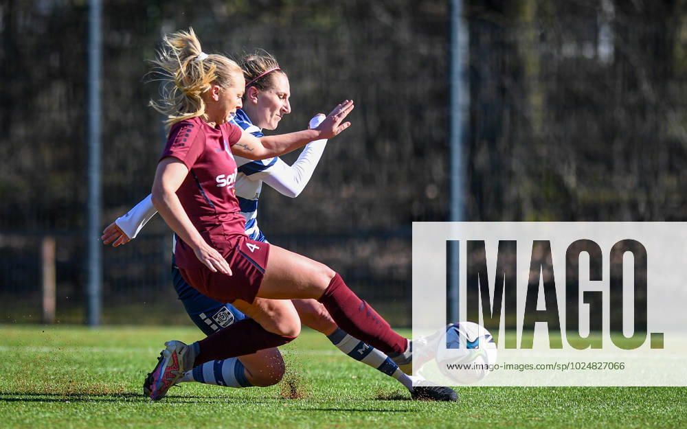 Football, 2022 2023 season, regional friendlies, 26 02 2023, women, Borussia Bocholt red vs MSV Duisburg white v l Celine Preuss Borussia Bocholt , Doerthe Hoppius MSV Duisburg , Bocholt Sportanlage Borussia Bocholt Nordrhein Westfalen Germany