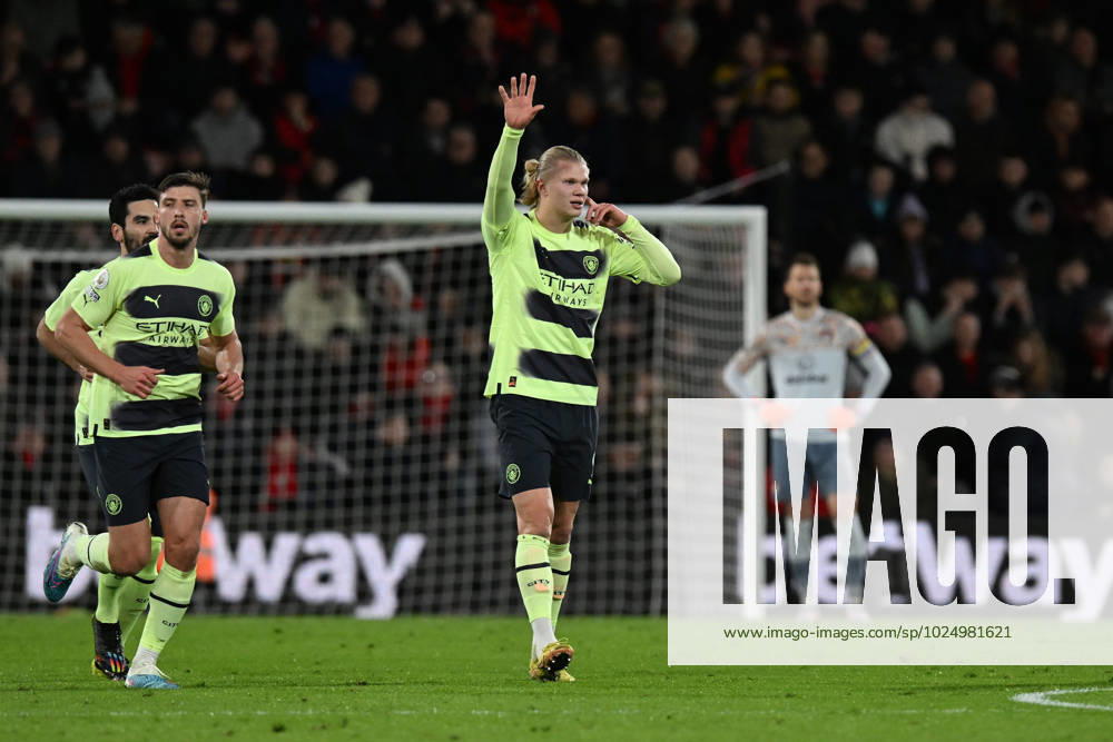 Bournemouth v Manchester City Premier League 25 02 2023. Goal 0-2 - Erling Halaand (9) of Manchester City celebrates scoring scoring the second goal during the Premier League match between Bournemouth and Manchester City at the Vitality Stadium, Bournemouth, England on 25 February 2023. Bournemouth Vitality Stadium Dorset England Editorial use only DataCo restrictions apply See www.football-dataco.com ,