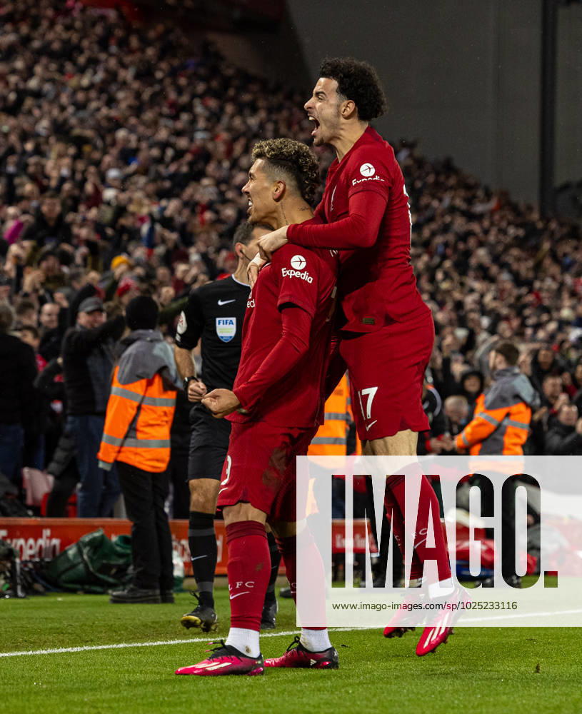 Football - FA Premier League - Liverpool FC v Manchester United, ManU FC LIVERPOOL, ENGLAND - Sunday, March 5, 2023: Liverpool s Roberto Firmino celebrates after scoring the seventh goal during the FA Premier League match between Liverpool FC and Manchester United FC at Anfield. LIVERPOOL Anfield MERSEYSIDE ENGLAND