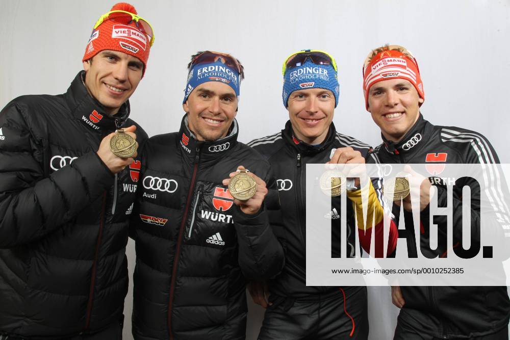 Arnd Peiffer, Michael GREIS, Andreas BIRNBACHER und Simon Schempp mit Bronzemedaille Biathlon WM 4 x 7,5 km Staffel der Herren am 0.3.2012 in Ruhpolding