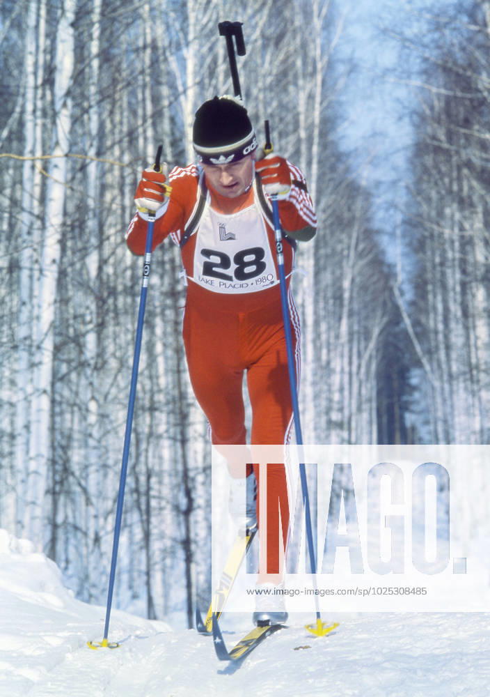 Lake Placid, United States. Soviet athlete Alexander Tikhonov competes during the 4 x 7,5 km men s biathlon event during the 1980 Winter Olympics. Robert Maximov TASS 57490913