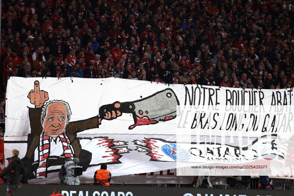 Munich, Germany, 8th March 2023. FC Bayern Munich fans display a banner prior to kick off in the UEFA Champions League match at Allianz Arena, Munich. Picture credit should read: Jonathan Moscrop Sportimage . SPI-2286-0061