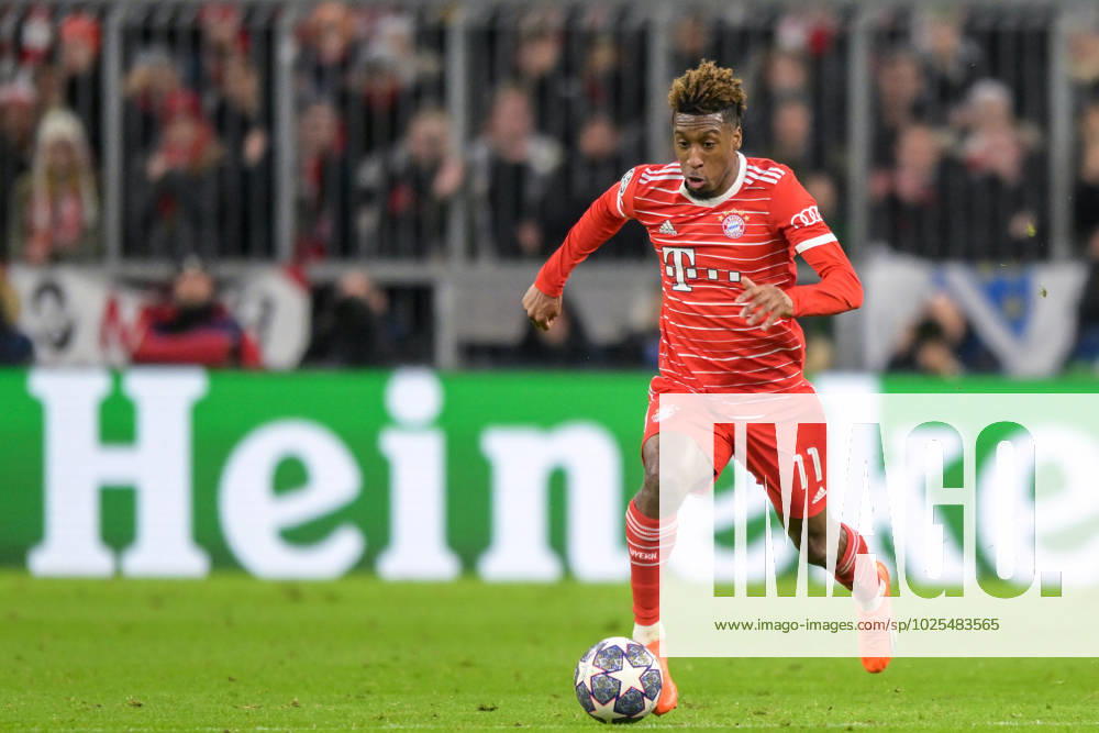 Soccer, UEFA Champions League, Round of 16, 20230308, FC Bayern Munich FC Paris St Germain In the picture Kingsley COMAN FC Bayern Munich, 11 dribbling ball on foot stands in air Munich Allianz Arena Bayern Germany