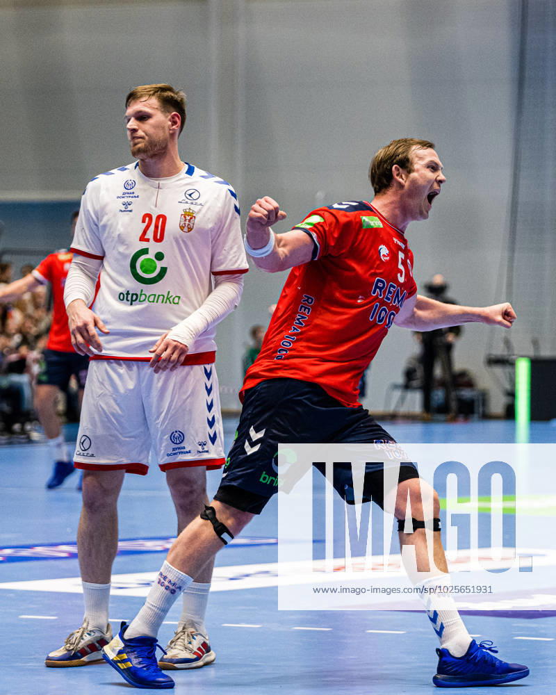 Sander Sagosen of Norway celebrates after scoring a goal during the IHF MenÂ s Euro Handball Championship Qualification match between Norway and Serbia on March 12, 2023 in Bergen Photo Marius Simensen BILDBYRAN COP 238 ehf euro championship qualification em qualification handball handball handball jubel norge norway serbia,