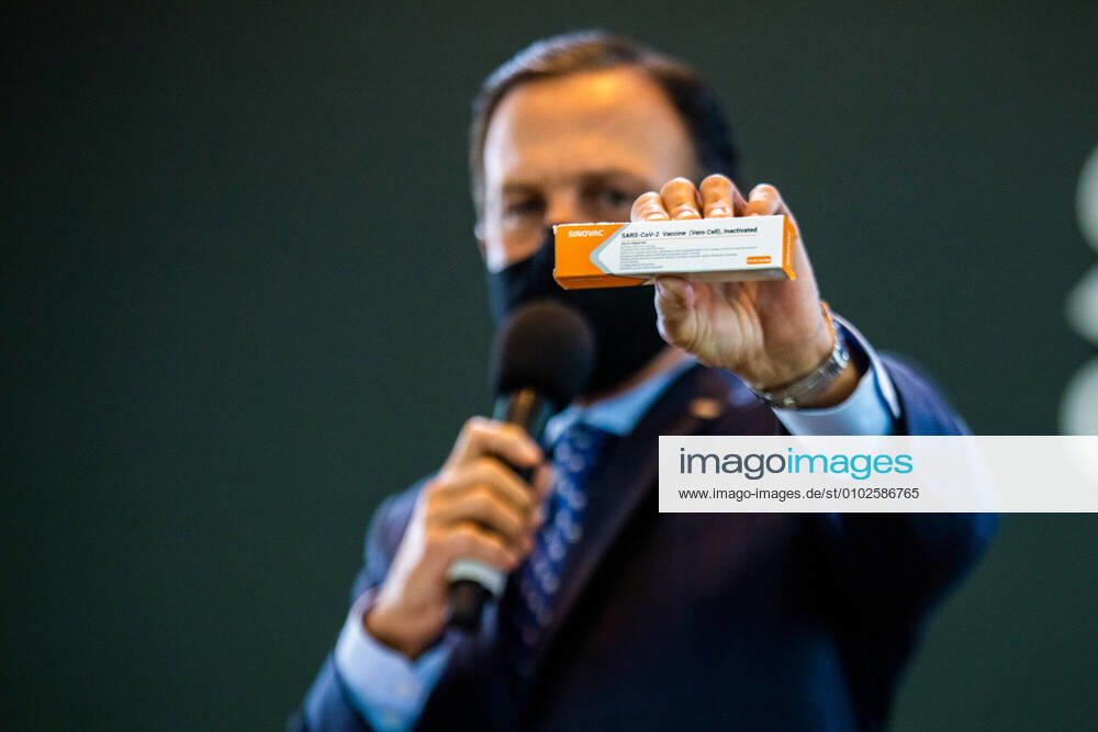 (INT) Sao Paulo s government starts CORONAVAC tests. July 21,2020, Sao Paulo, Brazil: In a press conference this morning, the Governor of Sao Paulo, Joao Doria, announces the beginning of the tests of the Chinese CORONAVAC vaccine in Brazilian volunteers at Hospital das Clinicas. 20 thousand doses of the vaccine were sent to the Butanta Institute to fight the pandemic of the New Coronavirus (Covid19), according to the government of Sao Paulo,the forecast to make the vaccine available to the population should occur in the beginning of 2021. ..Credit: Thenews2 Sao Paulo Brasil - ZUMAn293 20200721_znp_n293_011