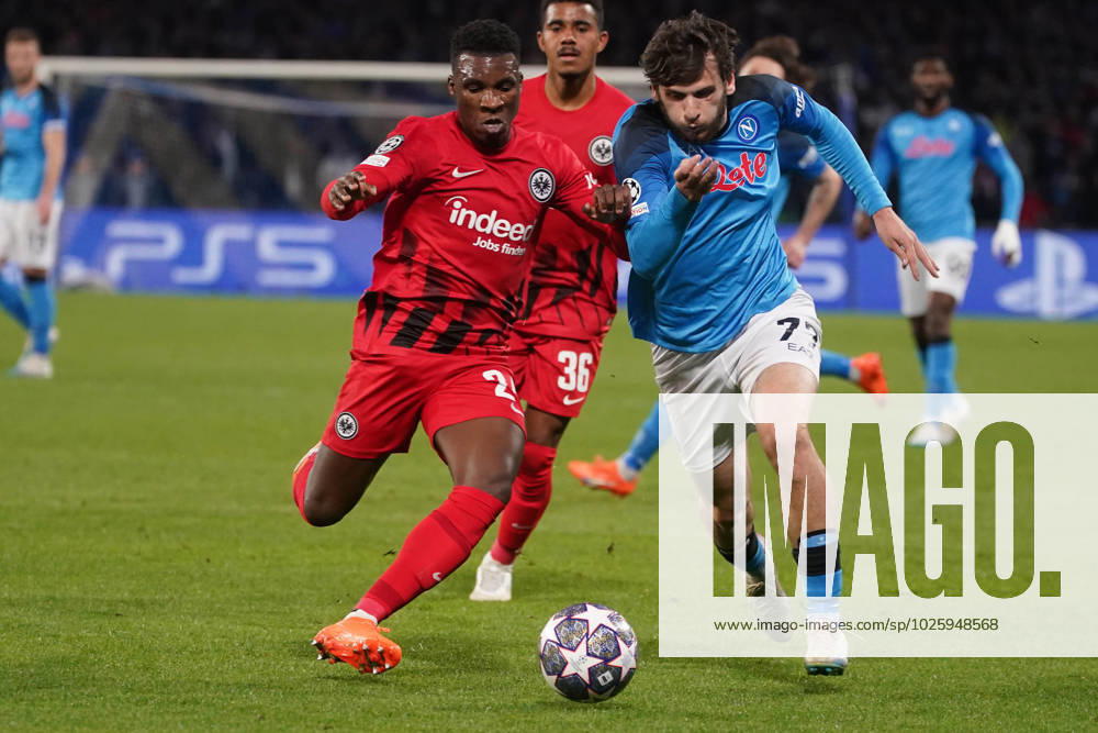 SSC Napoli v Eintracht Frankfurt - UEFA Champions League Khvicha Kvaratskhelia o of SSC Napoli and BUTA of Eintracht Frankfurt compete for the ball during the UEFA Champions League match round of 16 leg Two between SSC Napoli and Eintracht Frankfurt at Stadio Diego Armando Maradona on March 15, 2023 in Naples, Italy.