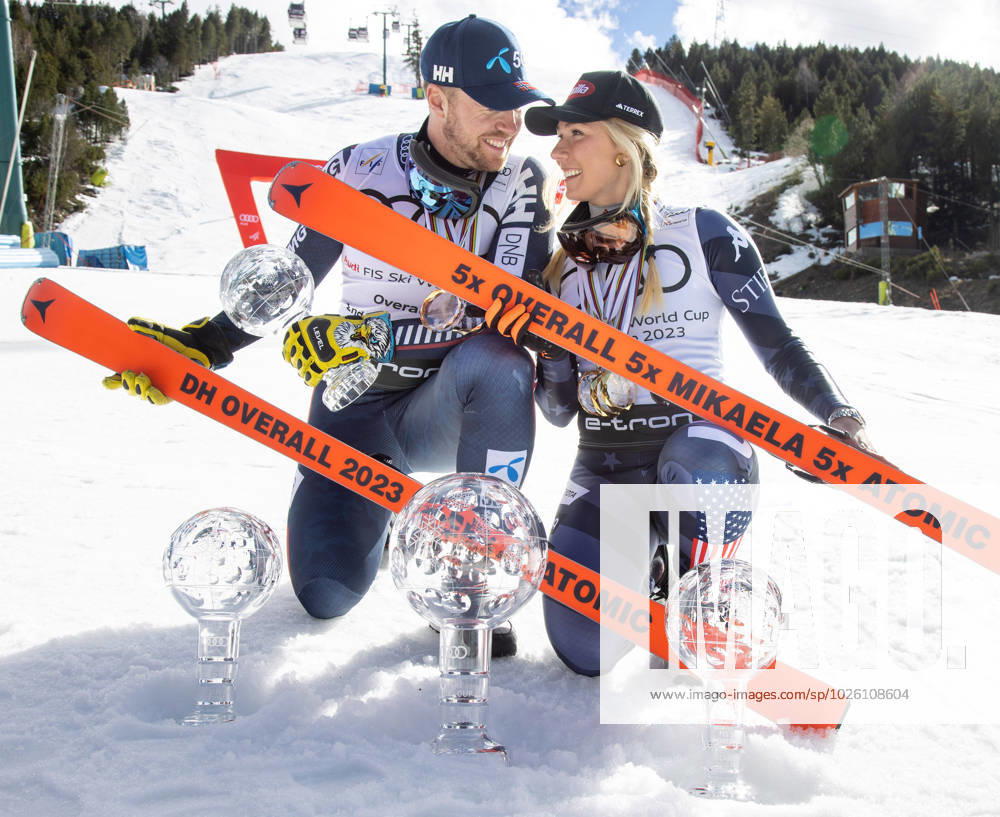KW11 ALPINE SKIING - FIS WC Final Soldeu SOLDEU,ANDORRA,19.MAR.23 - ALPINE SKIING - FIS World Cup Final, award ceremony for the overall world cup, Ladies. Image shows Aleksander Aamodt Kilde (NOR) and Mikaela Shiffrin (USA). Keywords: crystal globe, medal. GEPAxpictures xHaraldxSteiner