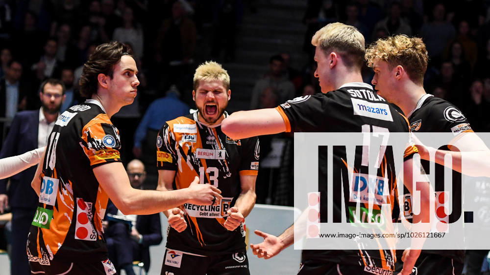 GER, VBL, VfB Friedrichshafen vs Berlin Recycling Volleys 19 03 2023, Bodensee Airport Arena, Friedrichshafen, GER, VBL, VfB Friedrichshafen vs Berlin Recycling Volleys, pictured Angel Trinidad Berlin, 10 , Ruben Schott Berlin, 13 , Marek Sotola Berlin, 17 and Anton Brehme Berlin, 8 , cheering after defended match point. nordphotoxGmbHx xHafner nph00200