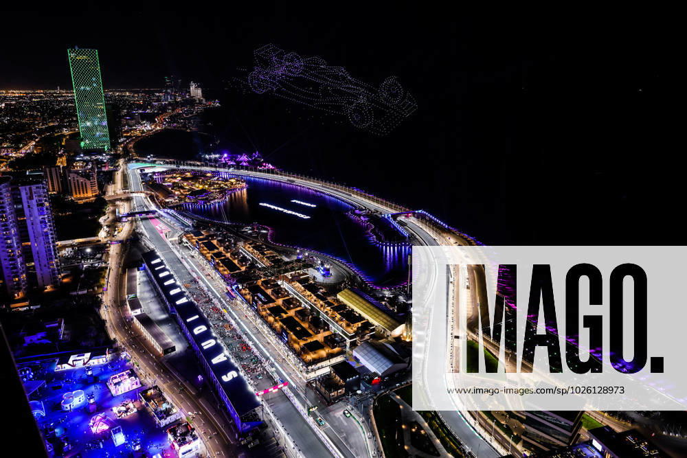 Drone show over the starting grid seen from the sky during the Formula 1 STC Saudi Arabian Grand Prix 2023, 2nd round of the 2023 Formula One World Championship, WM, Weltmeisterschaft from March 17 to 19, 2023 on the Jeddah Corniche Circuit, in Jeddah, Saudi Arabia - F1 - SAUDI ARABIAN GRAND PRIX 2023 - RACE DPPI Panoramic 20230319_GOOD0888