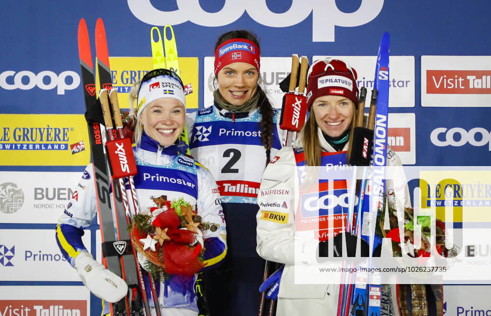 Jonna Sundling of Sweden, Kristine Stavas Skistad of Norway and Nadine Faehndrich of Switzerland at the flower ceremony after womens free technique sprint during the FIS Cross Country World Cup on March 21, 2023 in Tallinn Photo Tomi Hänninen PHOTO AGENCY COP 211 TH0018 FIS World Cup bbeng cross country skiing cross country skiing tallinn womens sprint,