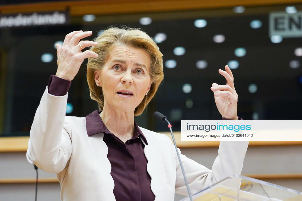 KW30 (200724) -- BRUSSELS, July 24, 2020 -- European Commission President Ursula von der Leyen makes a statement at an extraordinary European Parliament plenary session in Brussels, Belgium, July 23, 2020. A sizeable majority of members of the European Parliament (MEPs) on Thursday demanded significant changes to the s (EU) 2021-2027 budget, which was agreed on by EU leaders at a summit earlier this week, saying they were prepared to block it unless it is improved. ( Handout via Xinhua) BELGIUM-BRUSSELS-EUROPEAN PARLIAMENT-BUDGET-VOTE EuropeanxUnion