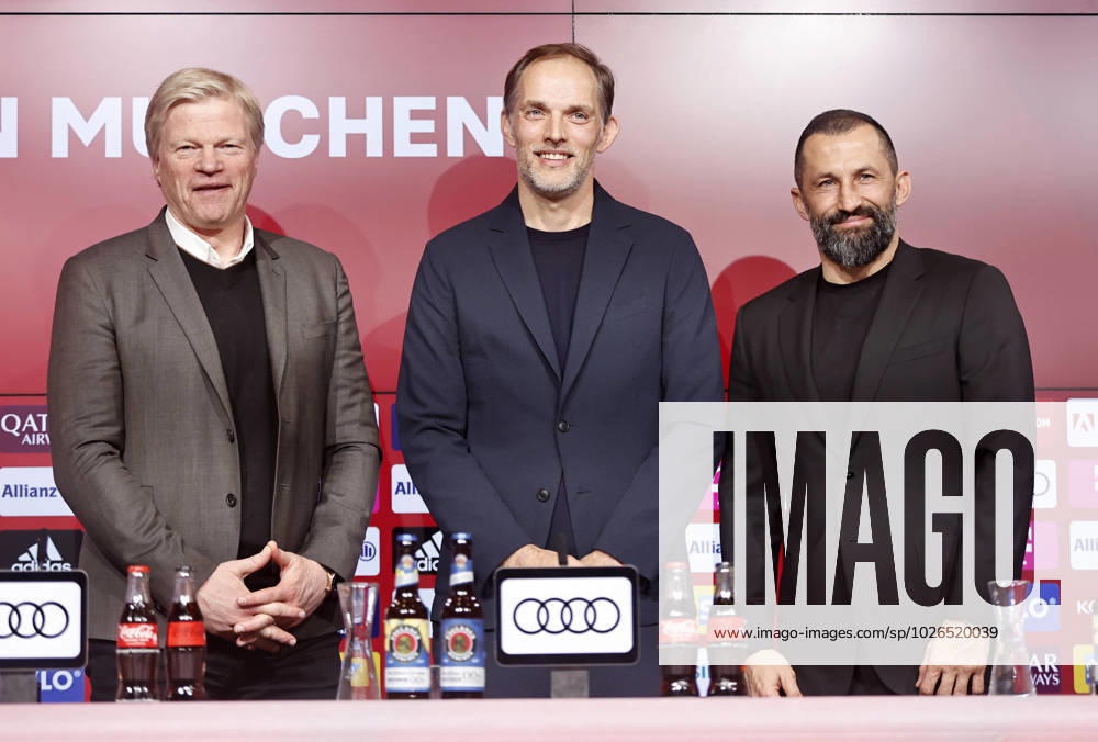 KW12 (230325) -- MUNICH, March 25, 2023 -- Thomas Tuchel (C), Chairman of FC Bayern Oliver Kahn (L) and Bayern sporting director Hasan Salimhamidzic attend a press conference, PK, Pressekonferenz as Thomas Tuchel is officially designated as head coach of Bayern Munich in Munich, Germany, March 25, 2023. (Photo by Xinhua) (SP)GERMANY-MUNICH-FOOTBALL-BAYERN MUNICH-HEAD COACH-THOMAS TUCHEL PhilippexRuiz