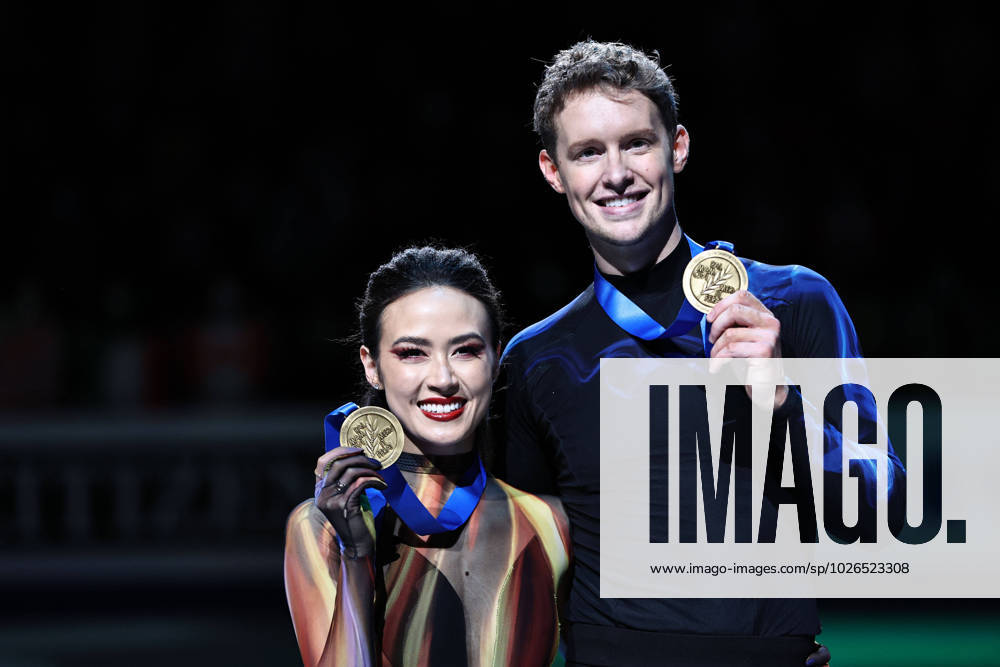 Madison Chok and Evan Bates, USA, after ice dance free dance at 2023 figure skating world championships in Saitama 25 03 2023