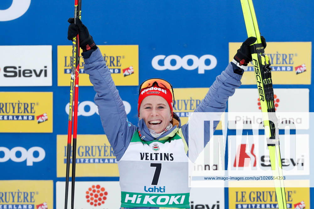 Katharina Hennig of Germany celebrates on the podium after the womens 20 km mass start during the FIS Cross Country World Cup on March 26, 2023 in Lahti Photo Kalle Parkkinen BILDBYRAN COP 211 KP0047 skiing cross country skiing cross country world cup fis cross country world cup mass start mass start sweden ladies bbeng germany jubilation,