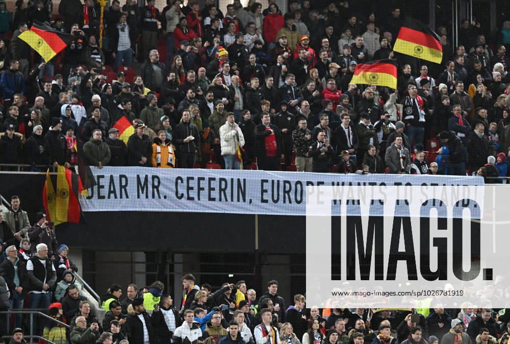 Football, men, 2022 2023 season, test match in Cologne, Germany Belgium, banner saying Dear Mr Ceferin, Europe wants to stand , 28 03 2023,