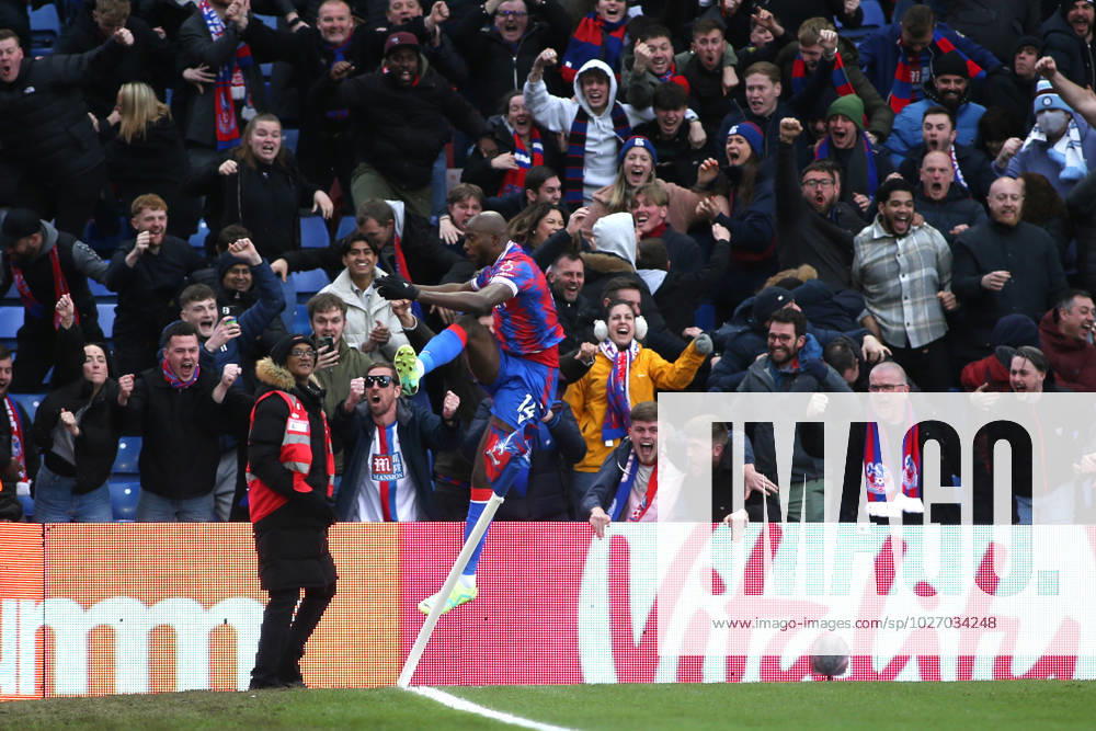 Jean-Philippe Mateta of Crystal Palace goal celebration in front of the home fans during the Premier League match between Crystal Palace and Leicester City at Selhurst Park, London, England on 1 April 2023.