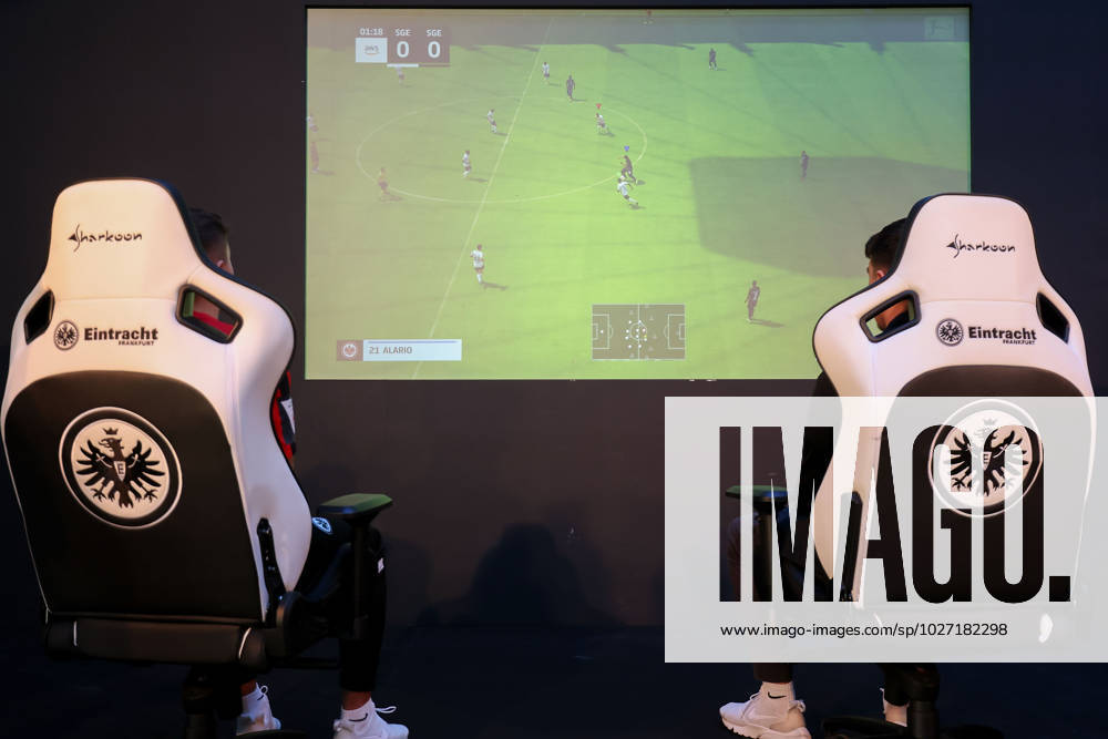 opening of the Esports Academy of Eintracht Frankfurt v l , symbol photo, symbol image FIFA 23 game, Eintracht vs Eintracht presented by two professional players of Eintracht Frankfurt.