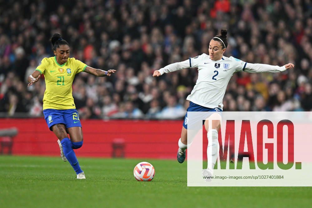 England Women v Brazil CONMEBOL UEFA Women s Champions Cup Finalissima Lucy Bronze of England battles for possession with Kerolin of Brazil during the CONMEBOL UEFA Women s Champions Cup Finalissima match between England Women and Brazil at Wembley Stadium, London, England on 6 April 2023. London Wembley Stadium Greater London England Editorial use only ,
