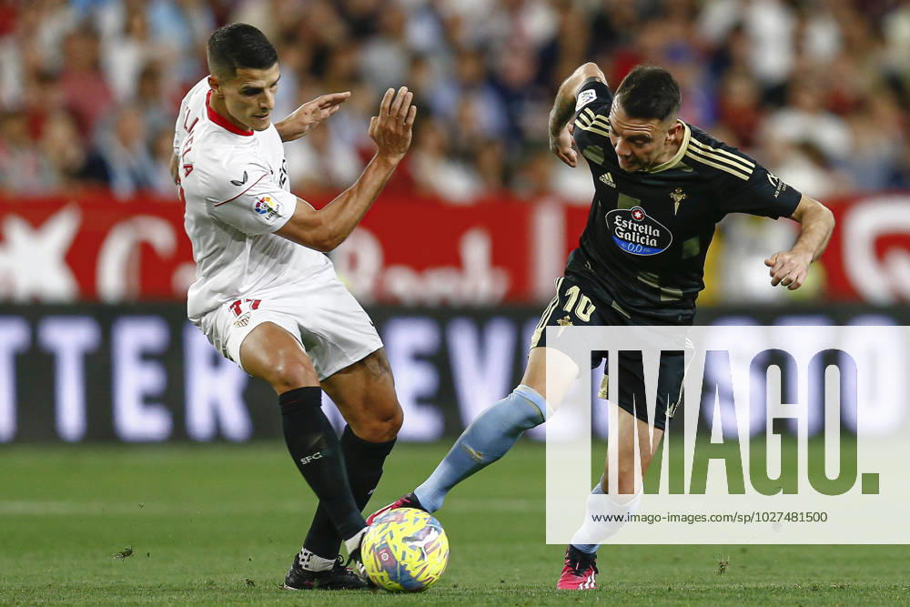 ESP: Sevilla FC-RC Celta. La Liga Santander Iago Aspas of RC Celta de Vigo and Erik Lamela of Sevilla FC during the La Liga match between Sevilla FC and RC Celta played at Sanchez Pizjuan Stadium on April 7, 2023 in Sevilla, Spain. kpng