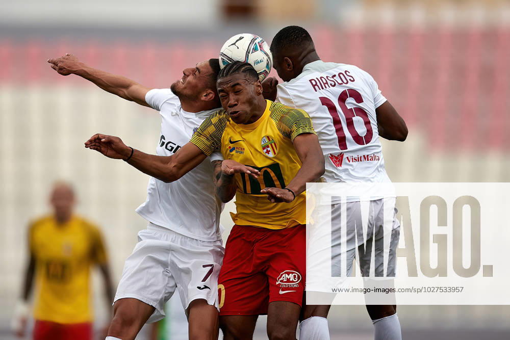 TA QALI, MALTA - 08 APRIL 2023: Paul Mbong (C) of Birkirkara FC vies for the ball with Steven Pisani (L) and Carlos Riascos (R) during the Malta BOV Premier League match between Gzira United FC and Birkirkara FC at the National Stadium, Ta Qali, Malta on 08 April 2023. Gzira United FC v Birkirkara FC MLT_PL_22_23