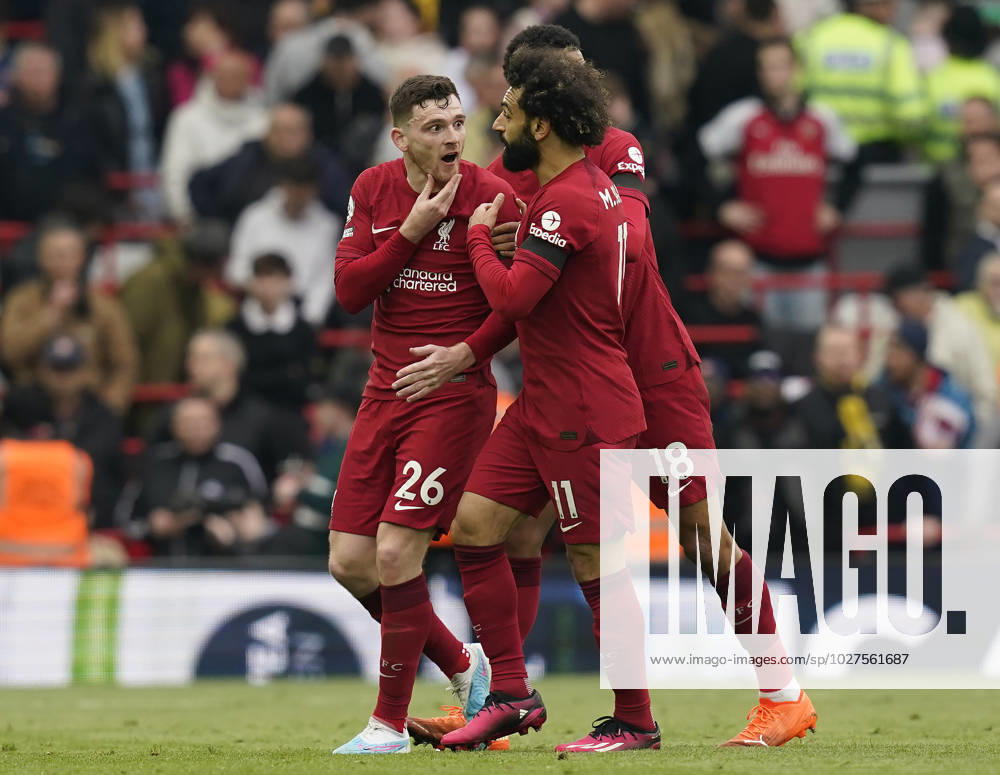 Liverpool, England, 9th April 2023. Andrew Robertson of Liverpool is led away as he claims he was elbowed in the chin by the assistant referee during the Premier League match at Anfield, Liverpool. Picture credit should read: Andrew Yates Sportimage . SPI-2358-0084