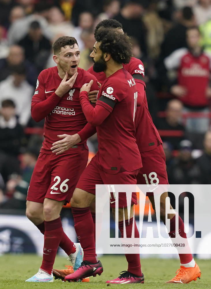 Liverpool, England, 9th April 2023. Andrew Robertson of Liverpool is held back by Mohamed Salah of Liverpool at half time after being struck by the linesman during the Premier League match at Anfield, Liverpool. Picture credit should read: Andrew Yates Sportimage . SPI-2358-0173