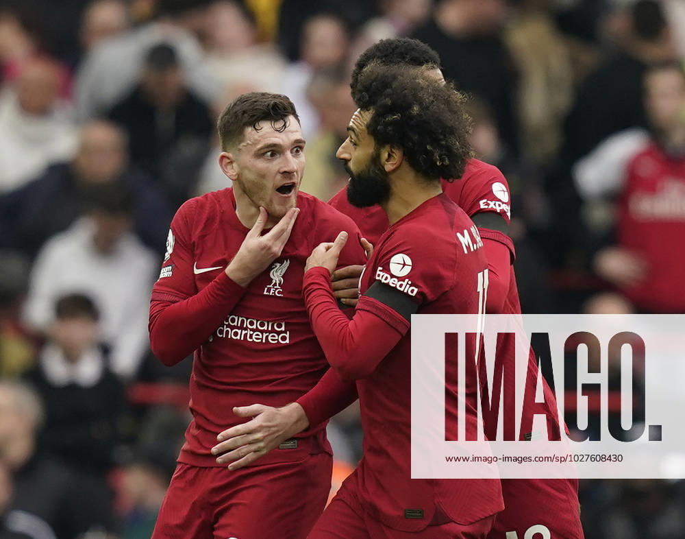 Liverpool, England, 9th April 2023. Andrew Robertson of Liverpool is held back by Mohamed Salah of Liverpool at half time after being struck by the linesman during the Premier League match at Anfield, Liverpool. Picture credit should read: Andrew Yates Sportimage . SPI-2358-0174