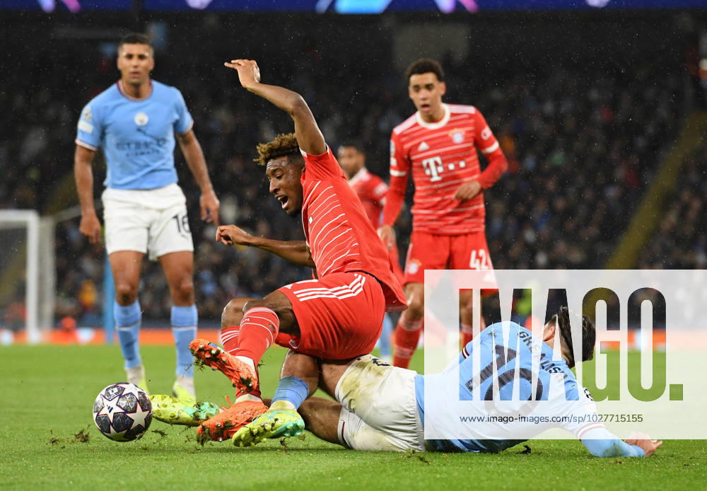 Manchester, England, 11th April 2023. Jack Grealish of Manchester City tackles Kingsley Coman of Bayern Munich during the UEFA Champions League match at the Etihad Stadium, Manchester. Picture credit should read: Gary Oakley Sportimage . SPI-2360-0035