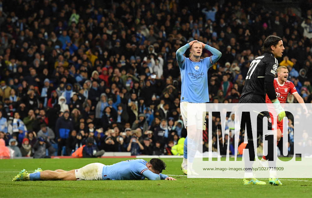 Manchester, England, 11th April 2023. Jack Grealish of Manchester City and Erling Haaland of Manchester City react to a missed opportunity during the UEFA Champions League match at the Etihad Stadium, Manchester. Picture credit should read: Gary Oakley Sportimage . SPI-2360-0053