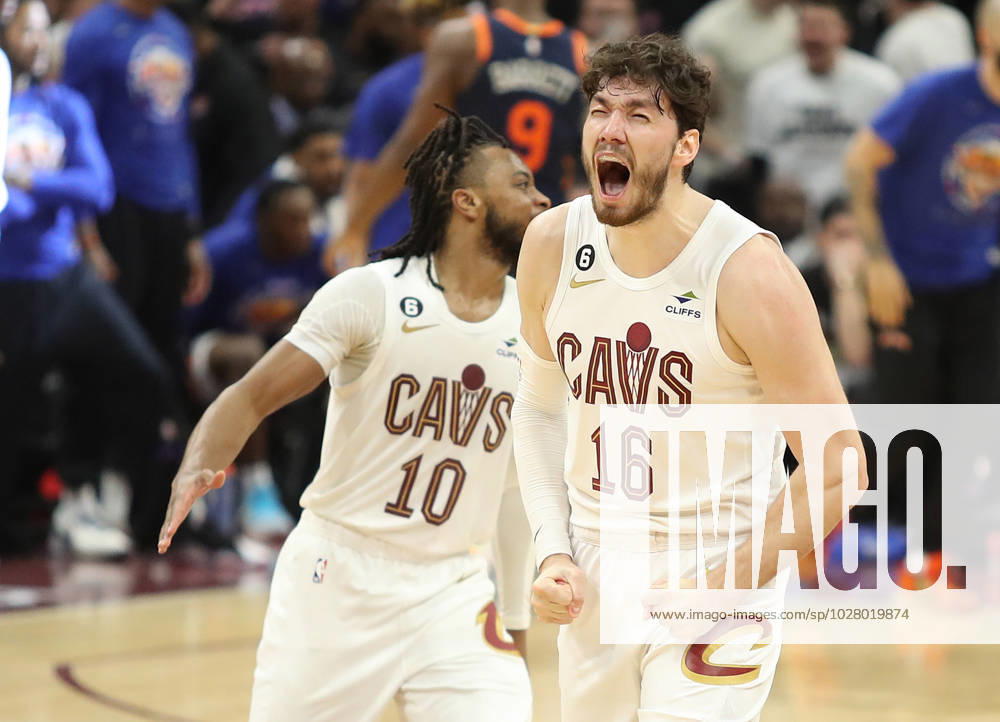 Cleveland Cavaliers Cedi Osman (16) reacts after hitting a three point shot against the New York Knicks in the fourth quarter at Rocket Mortgage FieldHouse in Cleveland, Ohio on Saturday, April 15, 2023. CLE20230415113 AARONxJOSEFCZYK