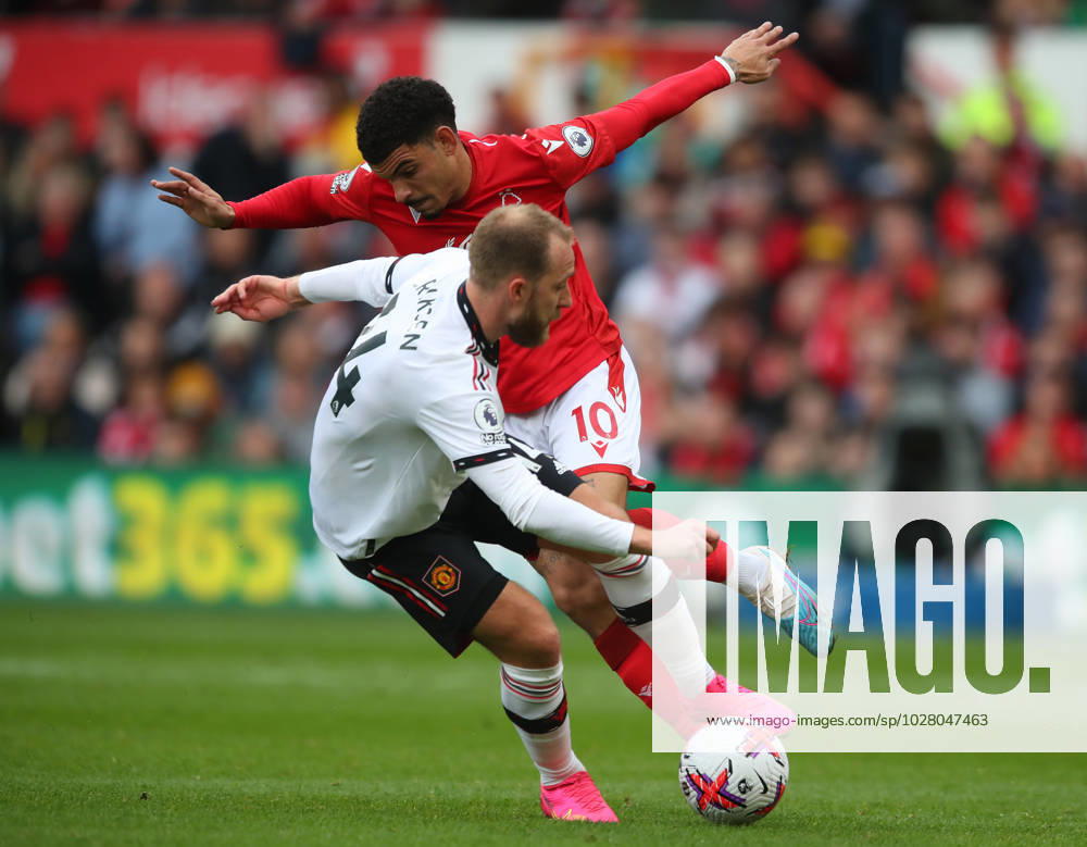 Nottingham, England, 16th April 2023. Morgan Gibbs White of Nottingham Forest dispossessed by Christian Eriksen of Manchester United, ManU during the Premier League match at the City Ground, Nottingham. Picture credit should read: Simon Bellis Sportimage . SPI-2372-0012