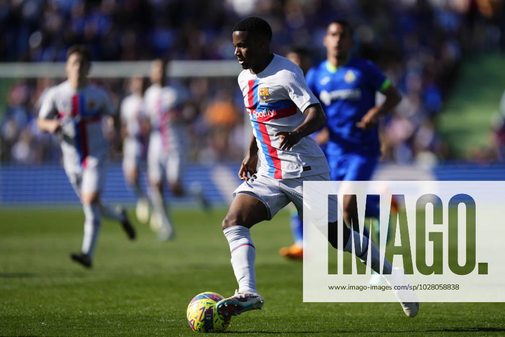Getafe CF v FC Barcelona, Barca - LaLiga Santander Ansu Fati left winger of Barcelona and Spain runs with the ball during the La Liga Santander match between Getafe CF and FC Barcelona at Coliseum Alfonso Perez on April 16, 2023 in Getafe, Spain. Getafe Madrid Spain