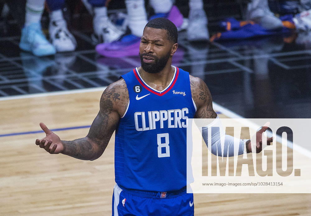 Marcus Morris Sr. 8 of the Los Angeles Clippers reacts to the referee s call during Game 3 of a first round NBA, Basketball Herren, USA playoff series against the Phoenix Suns on Thursday April 20, 2023 at Crypto.com Arena in Los Angeles, California. Clippers lose to Suns, 124-129. PI Los Angeles USA - ZUMAp124 20230420_zaa_p124_237