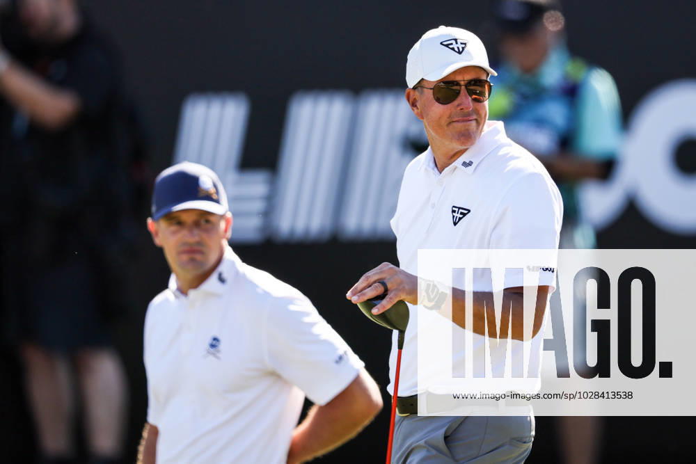 GOLF LIV TOUR ADELAIDE, Phil Mickelson captain of the Hyflyers and Bryson DeChambeau captain of the Crushers GC during LIV Golf Adelaide at the Grange Golf Club in Adelaide, Friday, April 21, 2023. ( NO ARCHIVING, , NO USE IN BOOKS WITHOUT CONSENT ADELAIDE SOUTH AUSTRALIA AUSTRALIA