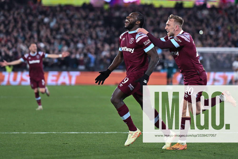 Michail Antonio celebrates after scoring goal during the UEFA Europa Conference League quarterfinal second leg match between West Ham United and KAA Gent at London Stadium on April 20, 2023 in London, United Kingdom. Photo by Sebastian Frej West Ham United v KAA Gent: Quarterfinal Second Leg - UEFA Europa Conference League