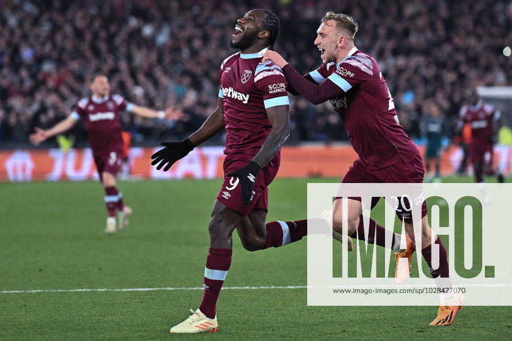 Michail Antonio celebrates after scoring goal during the UEFA Europa Conference League quarterfinal second leg match between West Ham United and KAA Gent at London Stadium on April 20, 2023 in London, United Kingdom. Photo by Sebastian Frej West Ham United v KAA Gent: Quarterfinal Second Leg - UEFA Europa Conference League