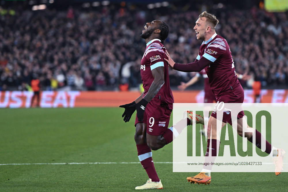 Michail Antonio celebrates after scoring goal during the UEFA Europa Conference League quarterfinal second leg match between West Ham United and KAA Gent at London Stadium on April 20, 2023 in London, United Kingdom. Photo by Sebastian Frej West Ham United v KAA Gent: Quarterfinal Second Leg - UEFA Europa Conference League