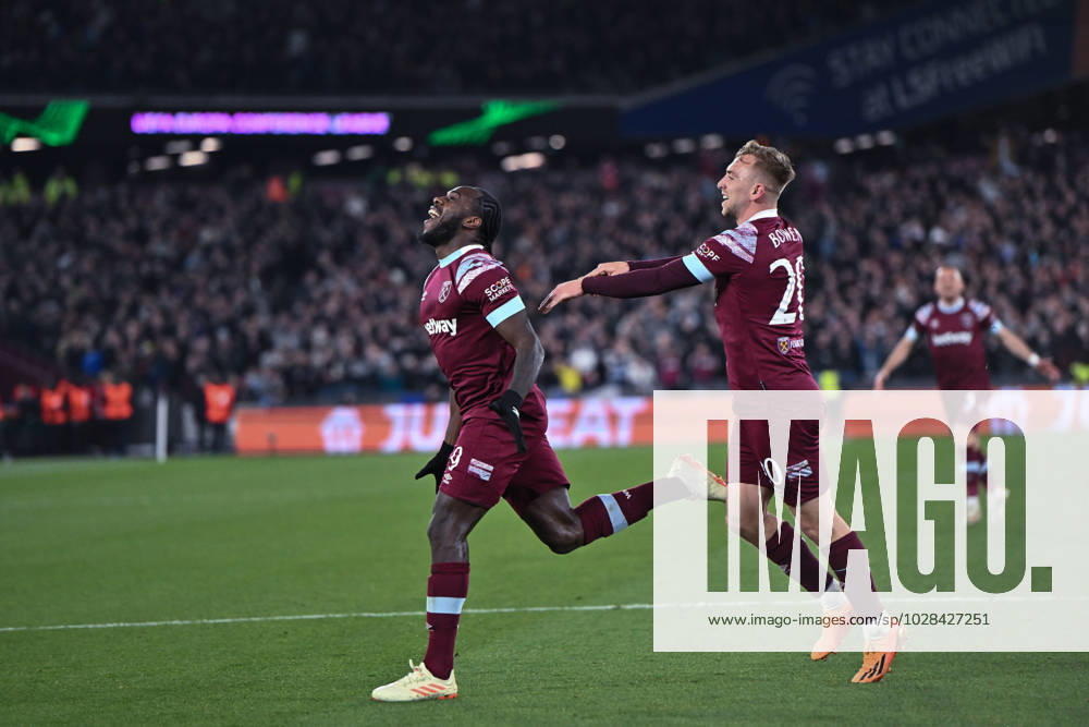 Michail Antonio celebrates after scoring goal during the UEFA Europa Conference League quarterfinal second leg match between West Ham United and KAA Gent at London Stadium on April 20, 2023 in London, United Kingdom. Photo by Sebastian Frej West Ham United v KAA Gent: Quarterfinal Second Leg - UEFA Europa Conference League