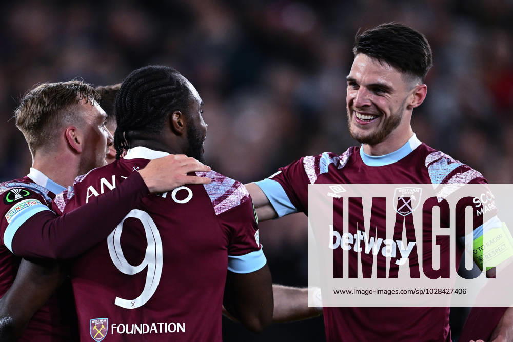 Michail Antonio celebrates with Declan Rice after scoring goal during the UEFA Europa Conference League quarterfinal second leg match between West Ham United and KAA Gent at London Stadium on April 20, 2023 in London, United Kingdom. Photo by Sebastian Frej West Ham United v KAA Gent: Quarterfinal Second Leg - UEFA Europa Conference League