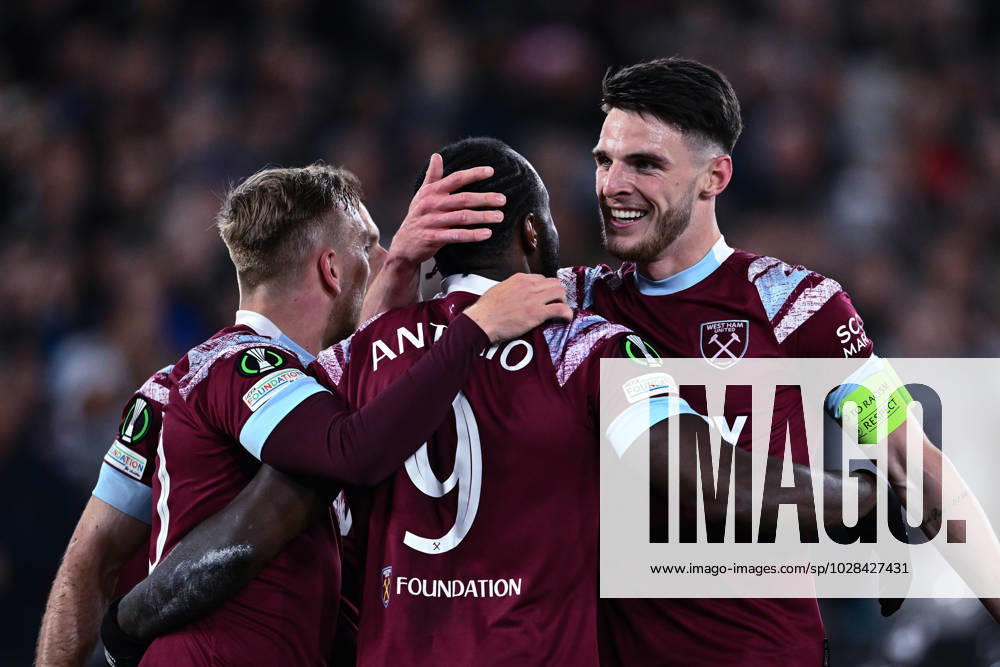 Michail Antonio celebrates with Declan Rice after scoring goal during the UEFA Europa Conference League quarterfinal second leg match between West Ham United and KAA Gent at London Stadium on April 20, 2023 in London, United Kingdom. Photo by Sebastian Frej West Ham United v KAA Gent: Quarterfinal Second Leg - UEFA Europa Conference League